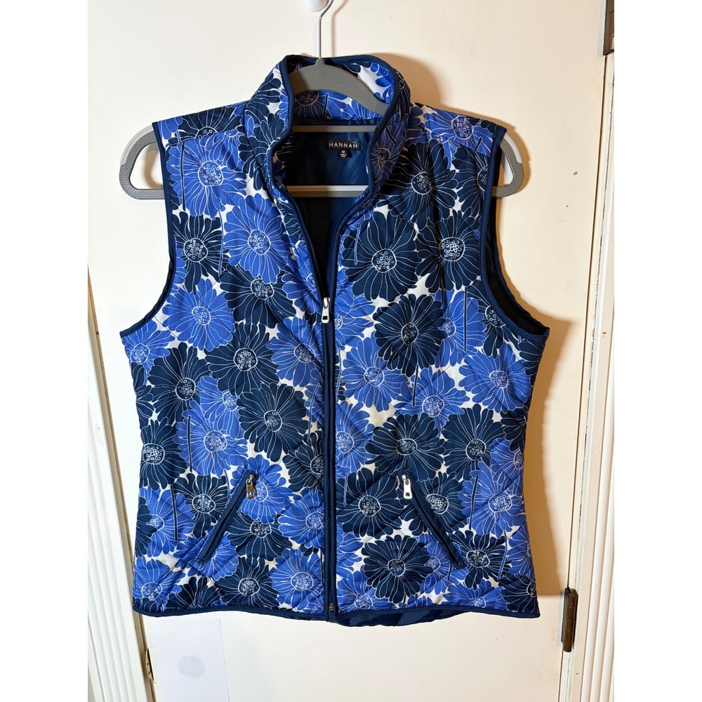 Hannah Women Blue Floral Quilted Puffer Vest Zip Front Size Medium Floral Print